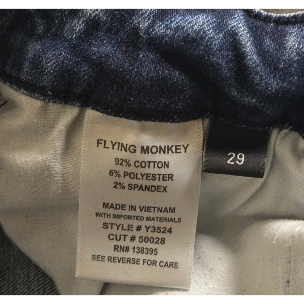 Flying Monkey Jeans — Size 29, Medium Wash, Distressed Knee + Frayed Hem